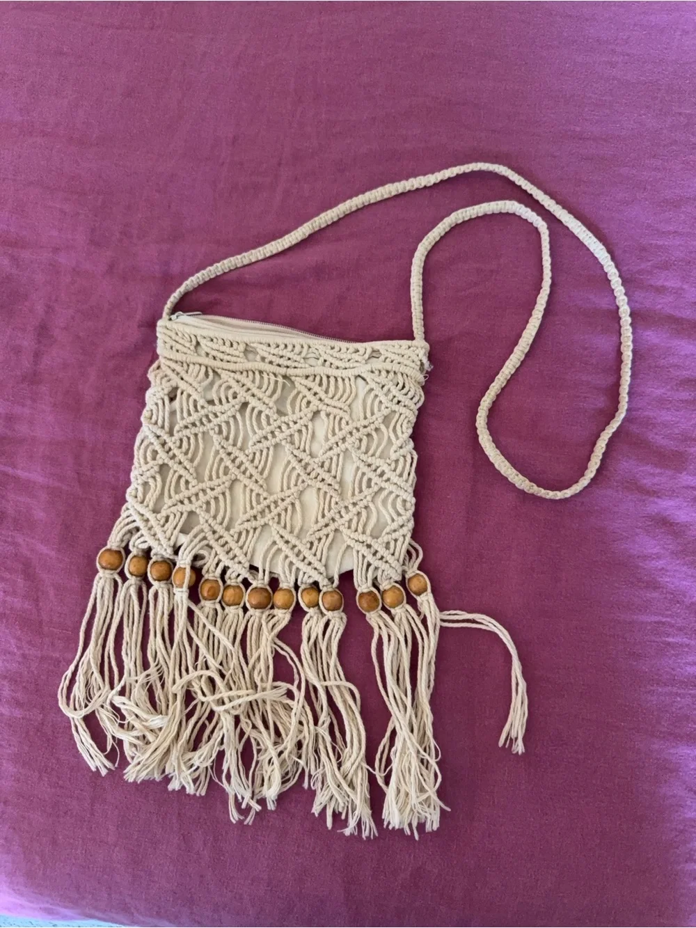 Handcrafted Cream Macramé Crossbody Bag with Bead Fringe